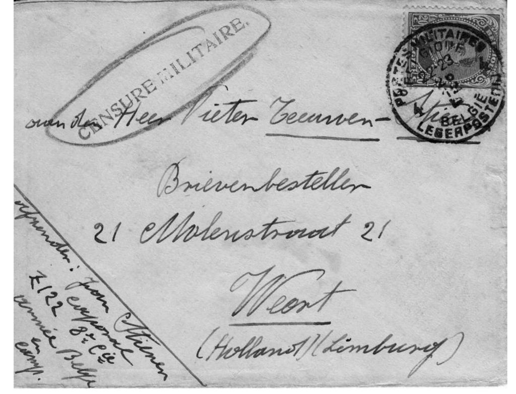 Briefomslag van een militair in Belgische dienst naar Weert, 1915. De brief is verzonden door korporaal Jean Stienen naar Pieter Teeuwen brievenbesteller te Weert.