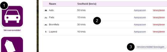 Vervoersmiddelen beheren Navigeren 1. Ga naar "Beheer" en klik op "Vervoersmiddel". 2. De bestaande vervoersmiddelen zijn zichtbaar. Deze zijn aan te passen of te verwijderen. 3.