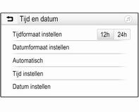 86 Instrumenten en bedieningsorganen 9 Waarschuwing Ook bij een aanduiding van enkele graden boven 0 C kan het wegdek al beijzeld zijn. Klok Datum en tijd worden op het Infodisplay weergegeven.