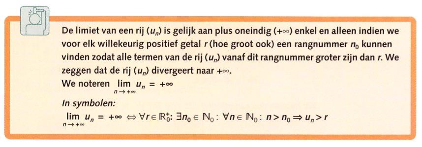 11 1.6 Oneindige limieten 1.6.1 Voorbeeld Beschouw de rij (2, 5, 10, 17, ) voor sterk toenemende waarden van n. De algemene term van de rij is un = n² + 1.