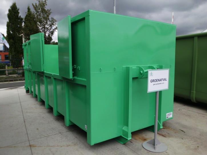 Zo werd op het containerpark van Mortsel een proefcontainer met luiken geplaatst voor de inzameling van groenafval.