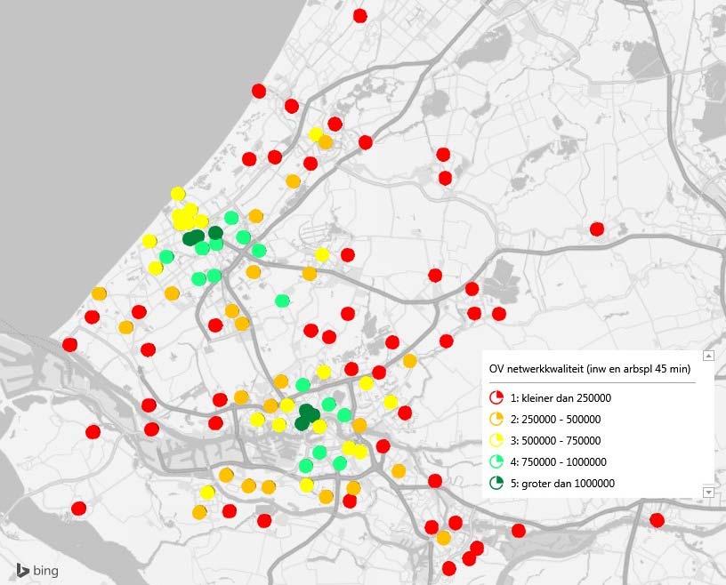 Figuur 3.5: Netwerkkwaliteit per magneet: gemiddeld aantal te bereiken arbeidsplaatsen en inwoners binnen 45 minuten reistijd per OV magneet netwerkkwaliteit Rotterdam Central District 1.875.