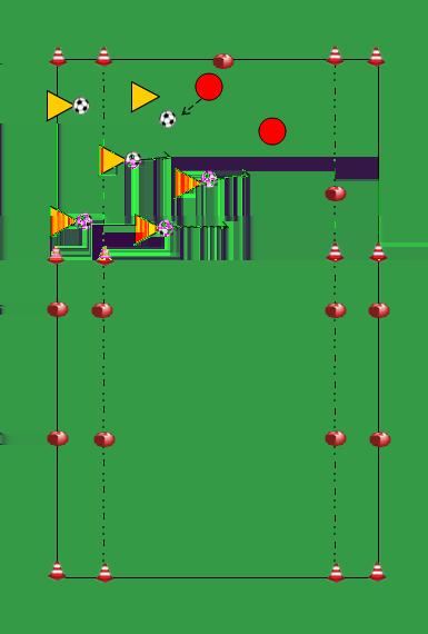 6 TEGEN 2 OVERSTEEKSPEL 6 spelers met bal proberen te dribbelen naar de overkant zonder dat de verdediger(s) de bal afpakken als de verdediger de bal verovert en de bal onder controle hebben (bal