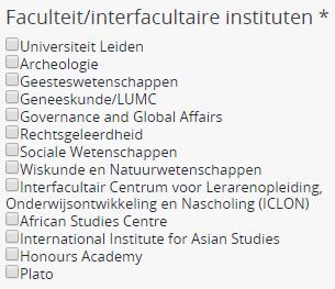 Indien een beurs voor alle faculteiten zichtbaar moet zijn, vink dan Universiteit Leiden aan. Handmatige links, Contact, Uitgelicht, bestanden blokken NB.