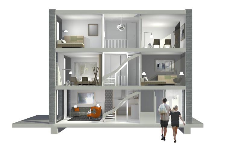 slaapkamers: 3 (wonen op de verdieping met vide) inclusief sanitair exclusief keuken gevels van metselwerk vrij indeelbare plattegronden
