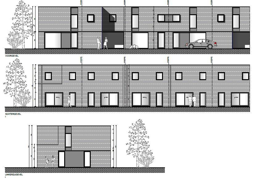 Deze woonblok bestaat uit 5 woningen; 2 halfopen en 3 gesloten