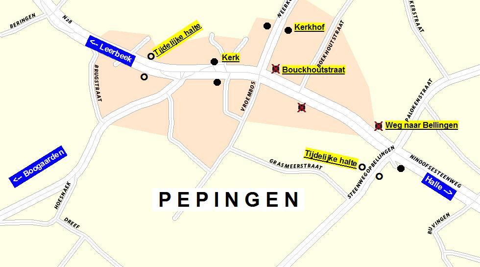 Verspreiding Vervangt - Heraanleg Ninoofsesteenweg (fase 5) in Pepingen Vervang Tijdelijke Van maandag 8 februari 2016 14:20 tot einde werken 732 Pepingen: 304151 Bouckhoutstraat (richting Halle),