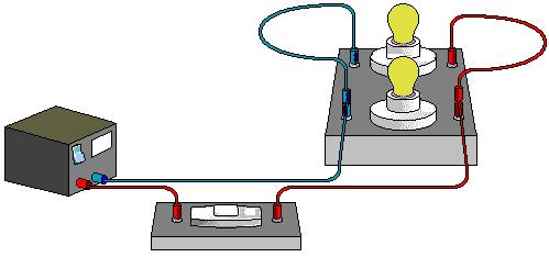 Fig. 1.6 Twee lampjes parallel geschakeld meet je de spanning. In gebouwen zijn alle verbruikers parallel geschakeld. Alle verbruikers werken op een spanning van 230 V.