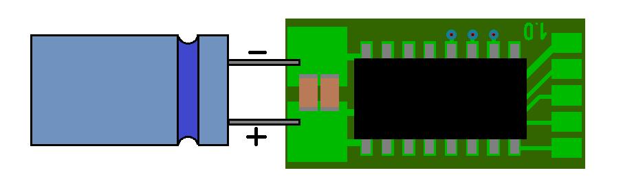 Aansluiten van extra buffer condensator (<100µF). Aansluiten van extra buffer condensator (>100µF), Weerstand = 100 ohm, diode is 1N4001.