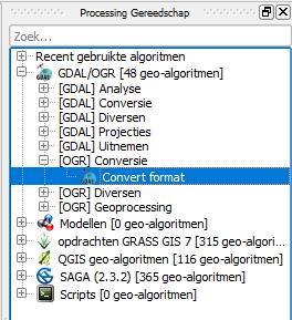 Voor het converteren wordt de Convert format tool gebruikt (Processing Gereedschap> GDAL/OGR> [OGR] Conversie> Convert format).
