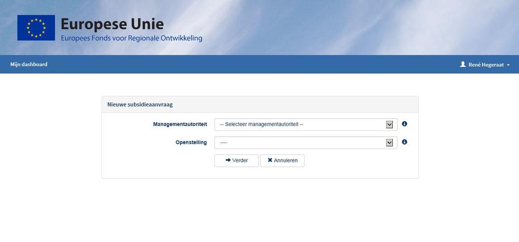 U ziet dan onderstaand scherm waarin u aangeeft bij welke managementautoriteit (welke regio) en welke Openstelling (welke subsidieregeling) u wilt indienen.