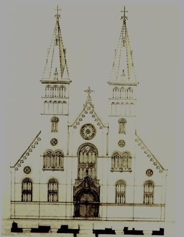 Plan met niet geheel van details uitgevoerd Van 1870 tot 1906 werd de kerk nogmaals grondig gerestaureerd, naar ontwerpen van de befaamde architect August Van Assche.