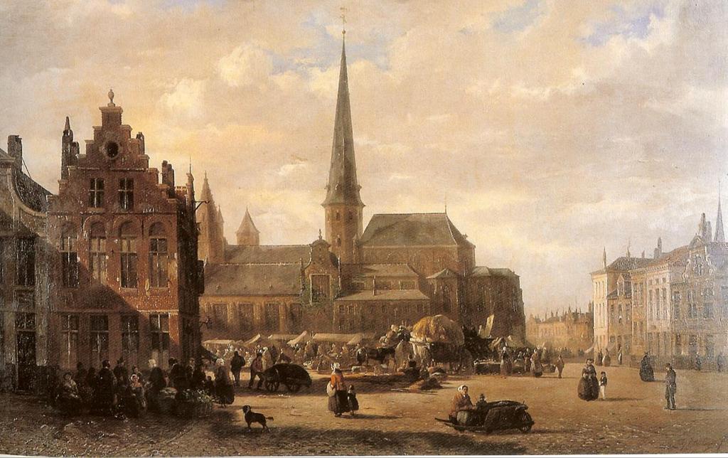 Schilderij, St Jacobskerk en de Vlasmarkt anno 1860 en