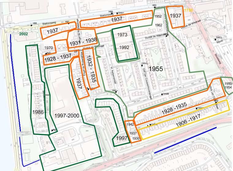 Figuur 2-2: Bouwjaar woningen (geel: 1900-1920; oranje: 1920-1940; lichtgroen: rond