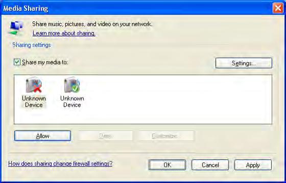 Windows Media Player v11 op Windows XP Instellen voor delen via het netwerk 1 Selecteer in het menu van Windows Media Player de optie Library (Bibliotheek) en selecteer vervolgens Media sharing