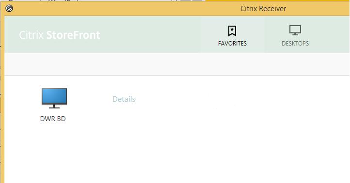 Citrix opent met de Favorieten pagina op het Storefront scherm. Op de Bureaubladen pagina vind je de iconen voor alle DWR omgevingen waar je toegang toe hebt, meestal alleen DWR BD.