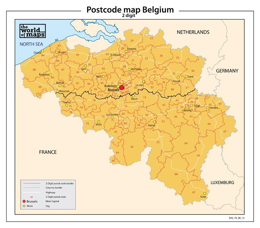 Het gebied in de Belgische postcodes