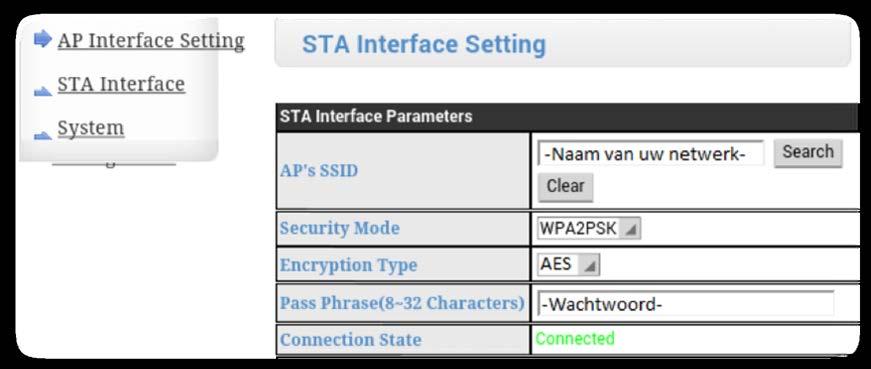 4 De WiFi-module verbinden met de router Ga in het menu van de WiFi-module naar STA Interface Setting. Zie je alleen Chinese tekens?