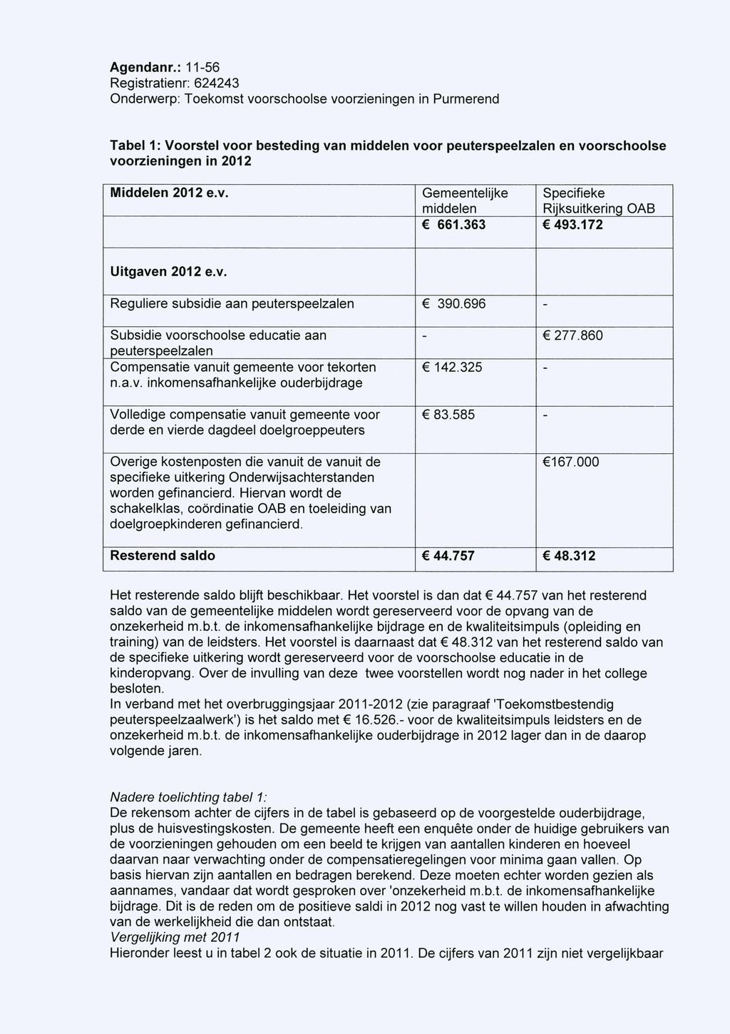 Tabel 1: Voorstel voor besteding van middelen voor peuterspeelzalen en voorschoolse voorzieningen in 2012 Middelen 2012 e.v. Gemeentelijke Specifieke middelen Rijksuitkering OAB 661.363 493.