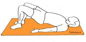 Doel: de stabiliteit van de lage rug vergroten door te zorgen dat het bekken niet wegzakt en de juiste spieren aangespannen worden. 2. Knieën buigen, tegen elkaar aan en voeten plat op de grond. 3.