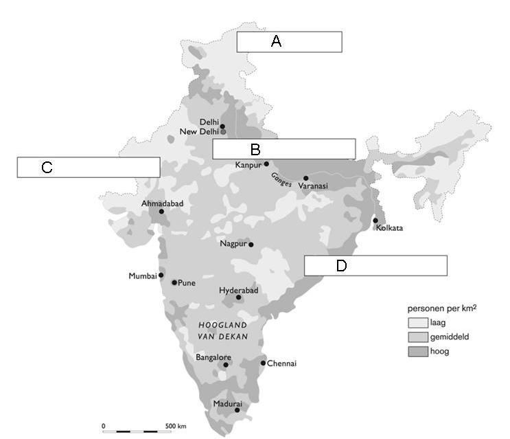 WERELDWIJS 1 VMBO-KGT 2 OVER BEVOLKING EN CULTUUR EINDTOETS Vragen India 24 Bekijk bron 5. Schrijf het goede gebied bij de letter. Kies uit: Gangesvallei kustvlakten Tharwoestijn Himalaya.