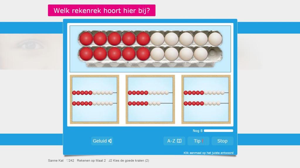 Vanuit een lange eierdoos wordt de verbinding van hoeveelheden in de vijf-structuur met de rekenrekbeelden gelegd: Een voorbeeld van de functie visueel