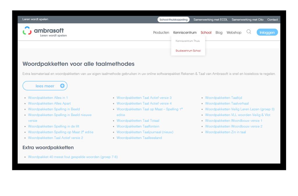 Taal - Woordpakketten downloaden en importeren Stap. Downloaden van Woordpakketten. Ga naar www.ambrasoft.nl. Klik op Kenniscentrum.
