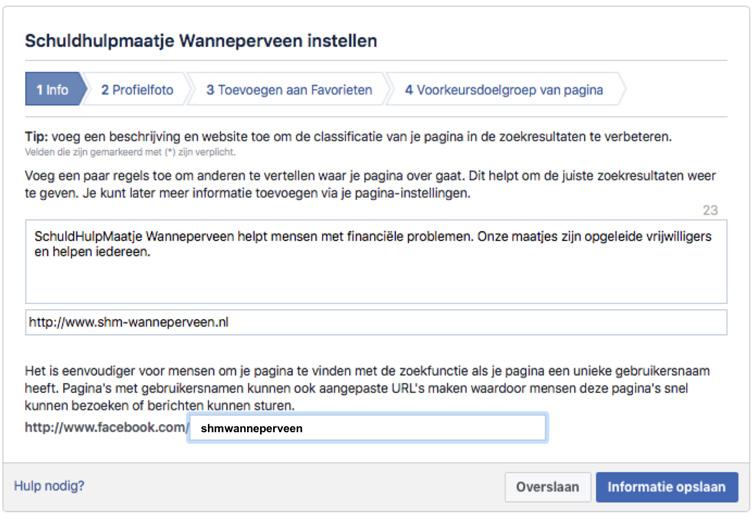 Stap 4 - Pagina informatie instellen Vul hier een korte beschrijving in over je organisatie, het adres van je website en een naam