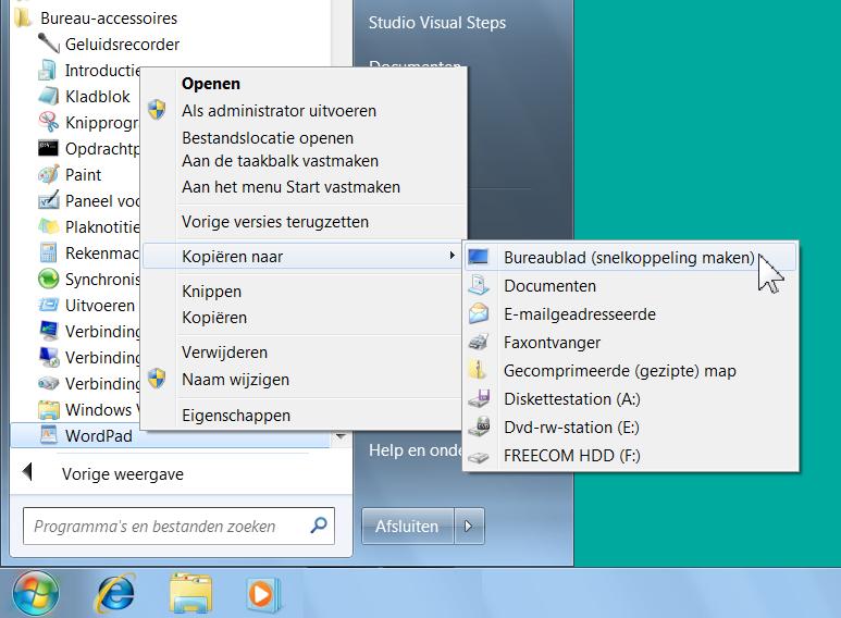 22 Windows 7 voor senioren deel 2 Een submenu verschijnt: Klik in een leeg deel van uw bureaublad Het menu Start verdwijnt en de snelkoppeling naar WordPad staat nu ergens op het bureaublad: De