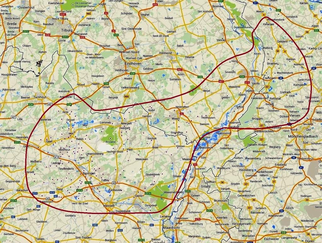 Bron 12 Moderne wegenkaart met aanduiding van de schansen. Uit: Marc Robben, Graafschap Loon. Website. Op deze kaart geeft elke zwarte stip de ligging aan van een vroegere schans.