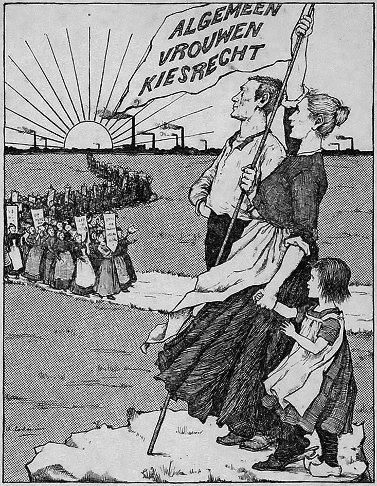 bron 3 Een politieke prent over algemeen vrouwenkiesrecht (1914): Toelichting Op de vlag staat: algemeen vrouwenkiesrecht. bron 4 Advertentie in een krant (1914): Nieuw in de boekhandel!