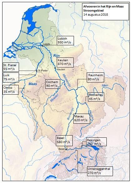 Afvoeren Rijn en Maas Rijn De huidige afvoer is 930 m 3 /s, dat is ruim onder het LCW criterium van augustus (1100 m3/s).