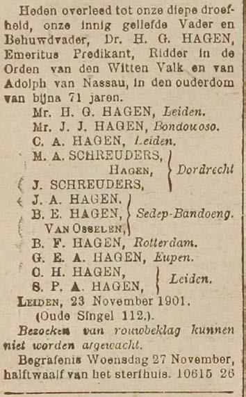 Overlijdensbericht (Leidsch Dagblad 26-11-1901) Graf van dominee Hagen Overige bijzonderheden De jongere