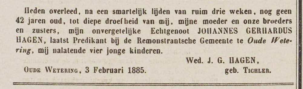Overlijdensbericht van zijn broer (Leidsch Dagblad 5 februari 1885) Bronnen Erfgoed Leiden en Omstreken