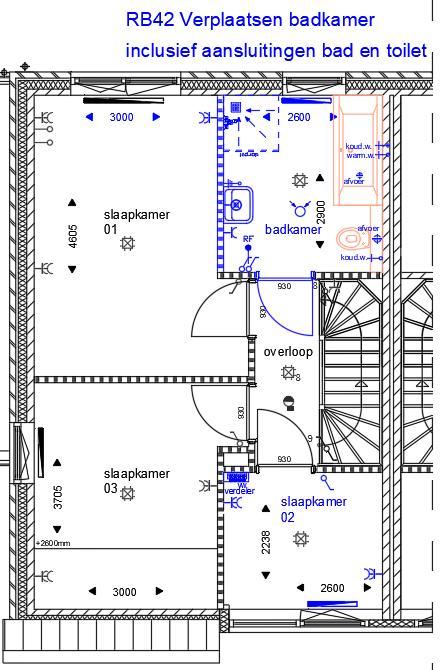 Indelingswijziging 1e verdieping met verplaatsing badkamer naar slaapkamer 02 inclusief extra aansluitingen t.b.v. een ligbad en toilet, conform optietekening woningtype Koelbroek. RB42 1.