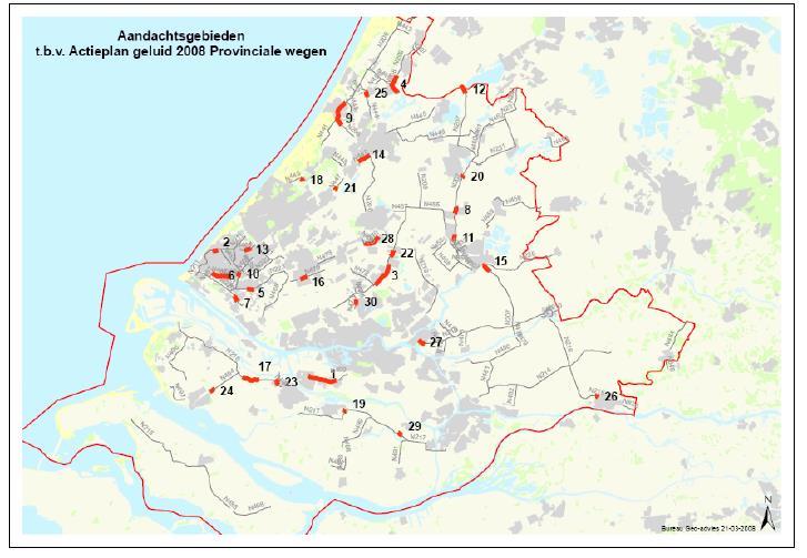 Figuur 8 De 30 meest geluidbelaste locaties langs provinciale wegen in Zuid-Holland 84 Voor deze 30 aandachtsgebieden is voor zowel de maatregel stil wegdek als geluidscherm een indicatie van het