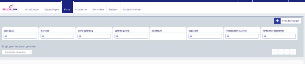 Tab Fixus Op de tab Fixus kunnen de fixusopleidingen worden ingericht. Gelijk aan de tab Opleidingen wordt er bovenaan de tab een tabel getoond met de (eventueel) al ingerichte fixusopleidingen.