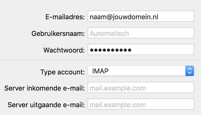 5. Vul in: Type account : IMAP of POP3 (bij de laatste moet je zelf backups maken en zijn je mappen via webmail niet te benaderen) Server inkomende mail: myfasthosting.