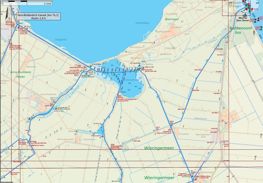 Nautische analyse Analyse Fragment vaarkaart Noord-Holland met mogelijke vaarroute langs voormalig eiland Wieringen zichtbaar De vaarkaart geeft een indruk van het netwerk van vaarwegen in de kop van