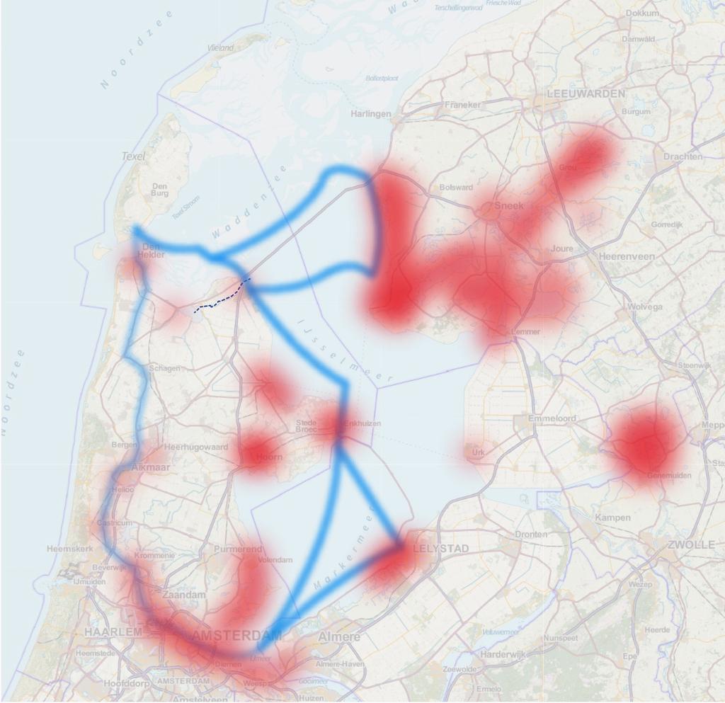 Watersportgebieden in perspectief Kijken we op wat grotere schaal dan zien we dat de bootconcentraties van Noord-Holland, Flevoland en Friesland verspreid liggen.