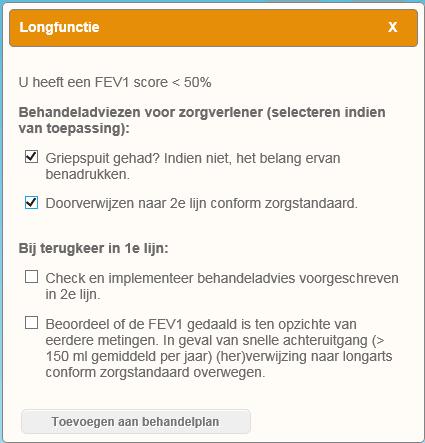 U kunt het behandelplan raadplegen door op de volgende button te klikken onder het ballonnenschema: Onderstaand scherm wordt getoond, waarin de geselecteerde behandeladviezen ingevuld zijn en u een