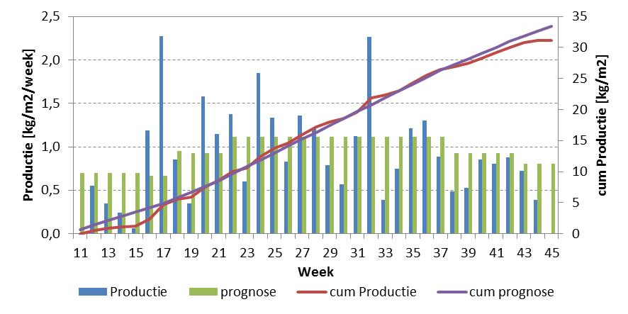 4.5. Productie en vruchtkwaliteit 4.5.1. Productie en vruchtgewicht De vertraging in de zetting begin februari is ook terug te zien in de productie. Tot en met week 15 wordt erg slechts 1.