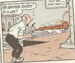 In Figuur 80 ziet Lambik de trein wegrijden die hij probeerde te halen. In de Vlaamse uitgave roept hij daarom daverende donders uit.