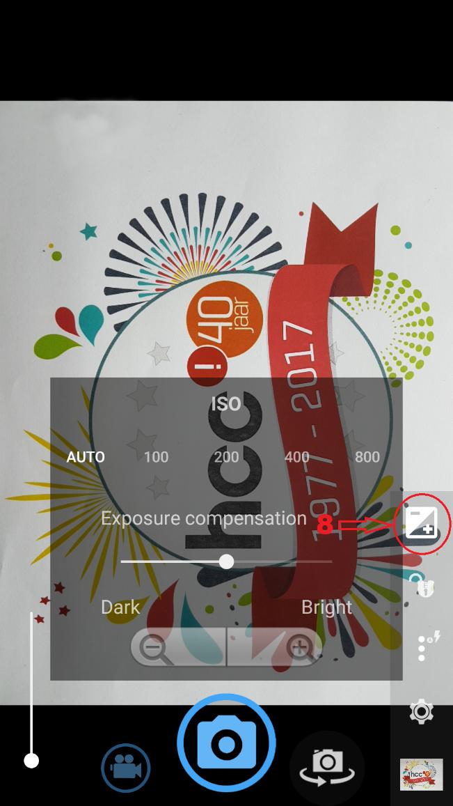 ISO en belichtingscompensatie Hier kunnen ISO waarden en belichtings compensatie worden ingesteld: ISO waarde Lichtgevoeligheid Automatisch ingesteld Hoge waarde