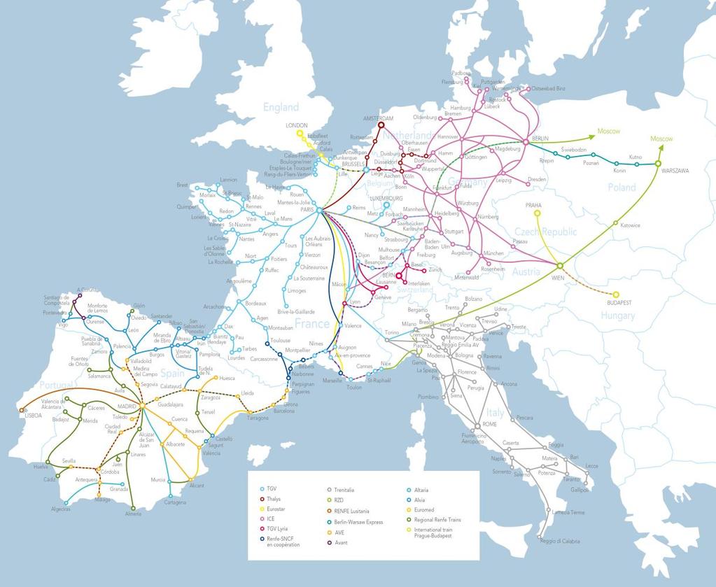 HET NETWERK Brussel - Parijs 1u22 24 treinen per dag Brussel - Londen 2u01 10 treinen per dag Parijs - Turijn 5u34 3 treinen per dag Parijs - Londen 2u15 18 treinen per dag Parijs - Genève 3u05 8
