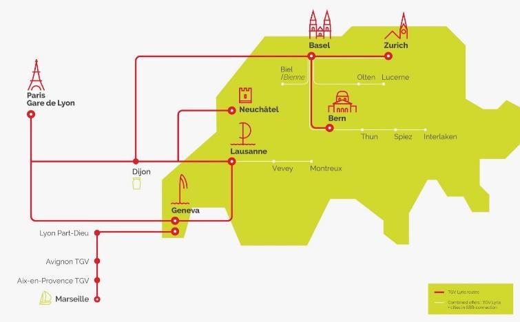 TGV LYRIA PARTNERSCHAP VAN SNCF (74%) EN CFF (26%) OPGERICHT IN 1993 Parijs - Bazel 3u03 6 treinen per dag Parijs - Genève 3u08 9 treinen