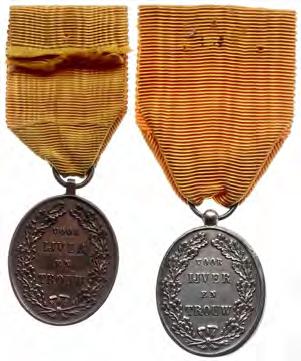Trouwe Dienst, ingesteld in 1877 - VZ Portret Koning Willem III / KZ Tekst binnen lauwerkrans - brons en zilver ovaal 26x31 mm aan oranje
