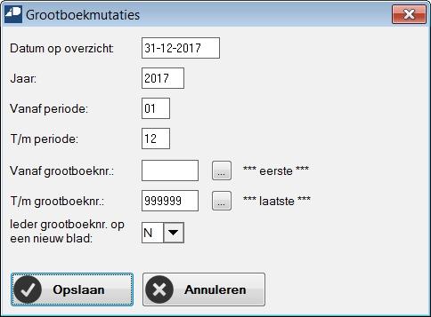 Financieel Lijstwerk Grootboek Afdrukken grootboekmutaties Dit overzicht drukt van alle grootboekrekeningen alle mutaties van het jaar 2017 per periode af. Denk aan de hoeveelheid papier!