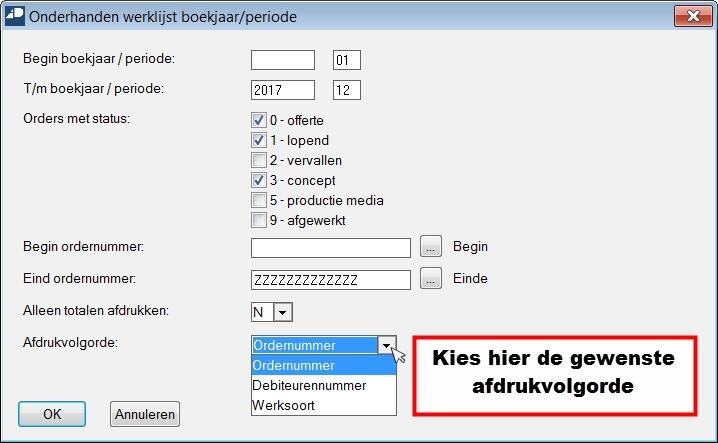 Productie Productie Orders Onderhanden werklijst boekjaar/periode In bovenstaand voorbeeld wordt een onderhanden werklijst afgedrukt tot en met eind 2017 van alle offerte, lopende en concept orders.