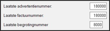 Media Media Stamgegevens Media parameters De velden laatste advertentienummer, factuurnummer en begrotingnummer kunnen hier voorzien worden van een nieuwe waarde. Let vooral op het factuurnummer!